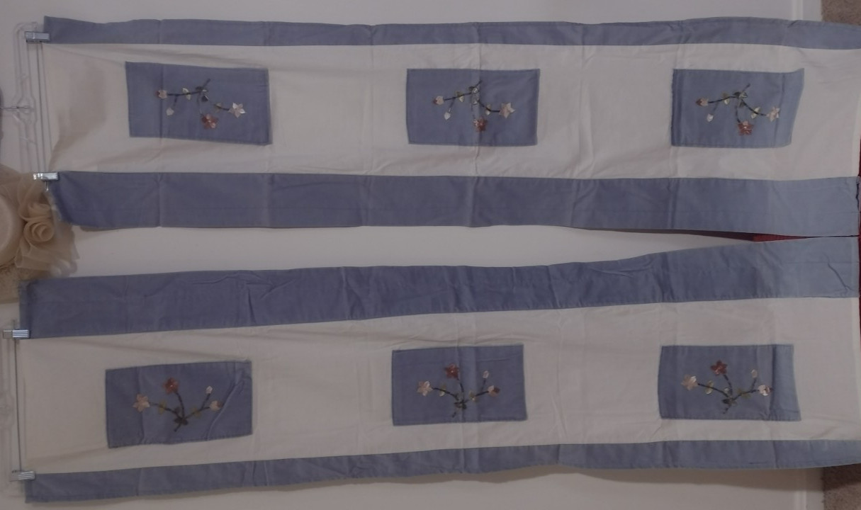 Set (2) LIFESTYLES Luxury Valance Light Blue Velvet Trim Satin Ribbon Embroidery