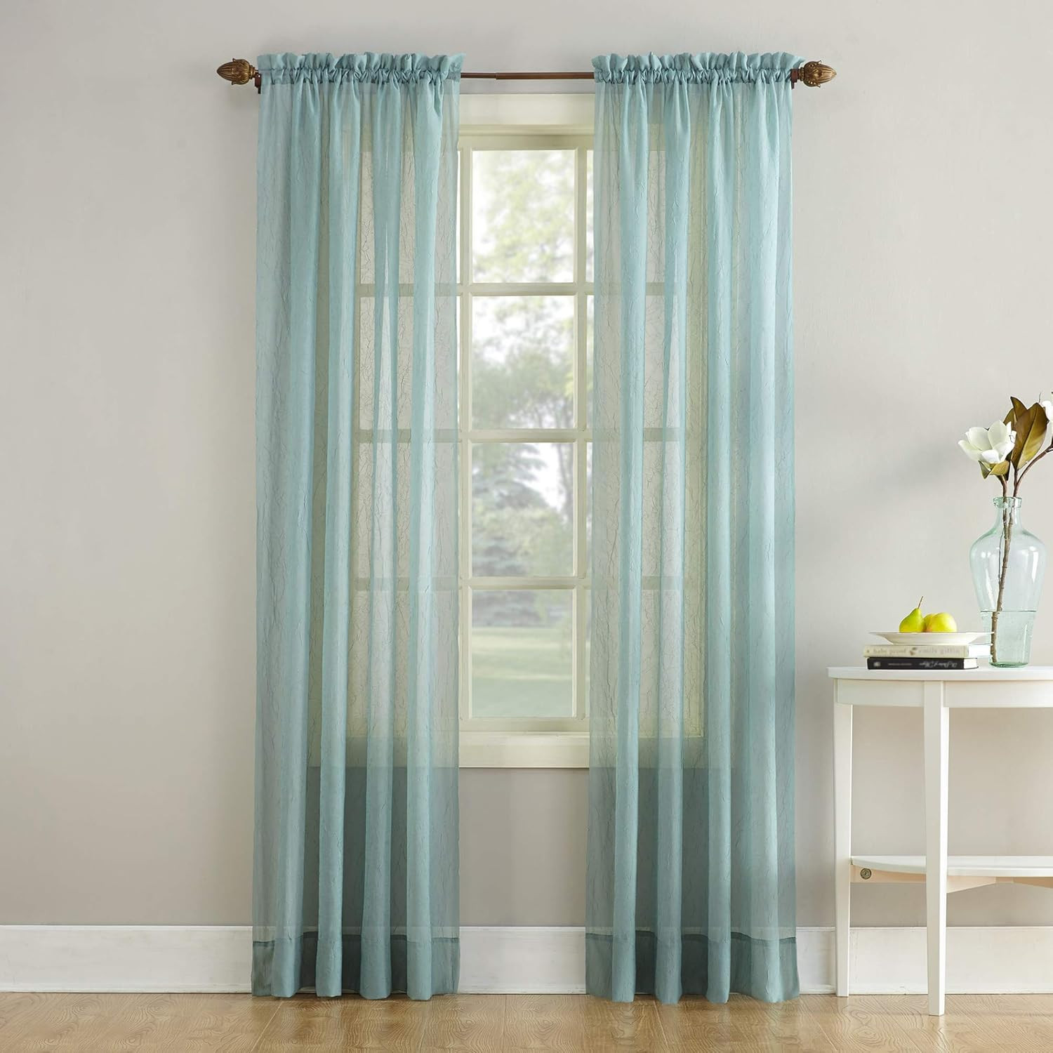 Erica Crushed Sheer Voile Rod Pocket Curtain Panel, 51″ x 95″, Mineral Blue