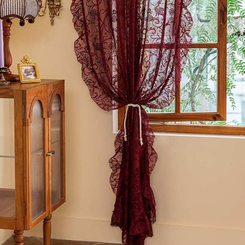 Vintage Sheer Tulle Curtains Floral Lace Ruffled Panels Light Filter Home Decor