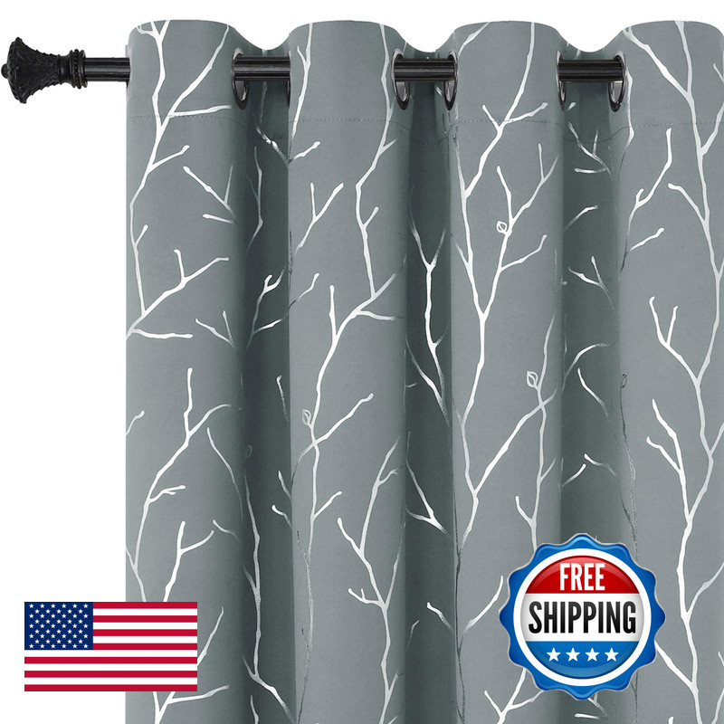 Buhua Blackout Curtains Silver Foil Print Tree Branches Grommet Drapes Room