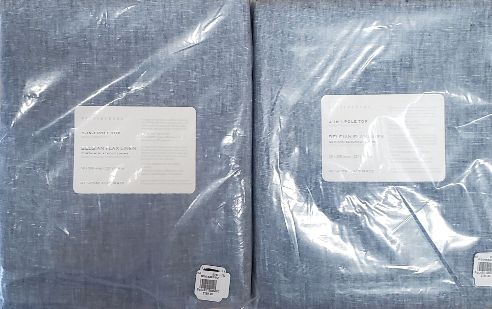 2 Pottery Barn BELGIAN FLAX LINEN Pole Top BLACKOUT Drapes~50×108″~BLUE CHAMBRAY