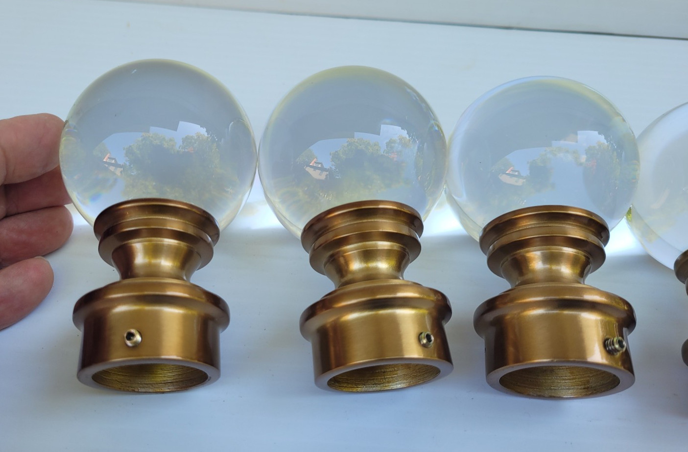 Set of 4 Solid Glass Crystal Ball Finials with Brass Tone Metal Mount Large