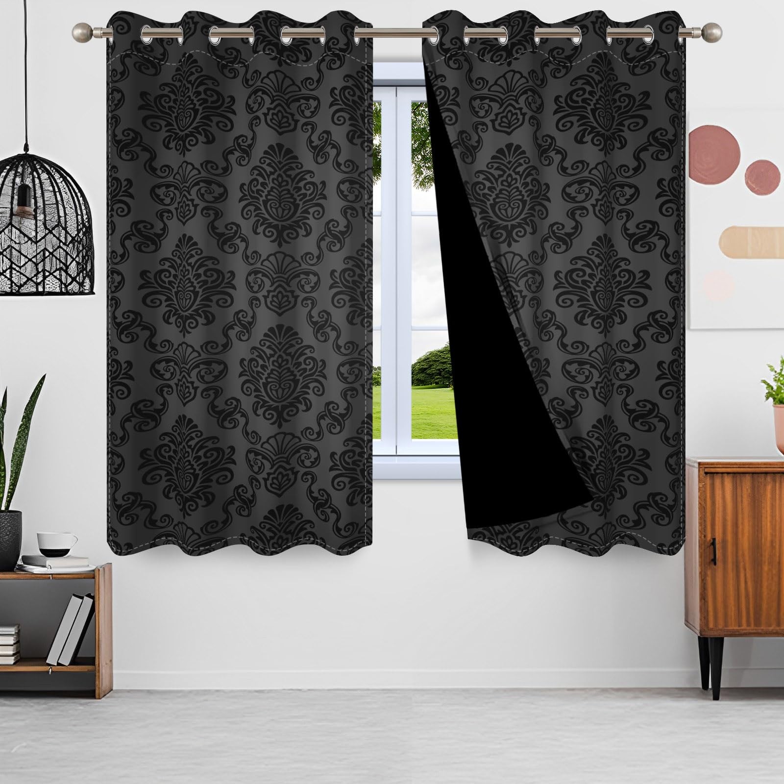 Black Damask Floral Blackout Curtains Vintage Flower Pattern Window Drapes Co…