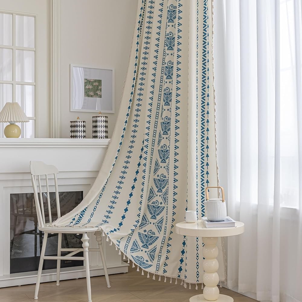 2 Panel 102″ L Boho Blue Totem Curtains Light Filtering Living Room ERBNARYX