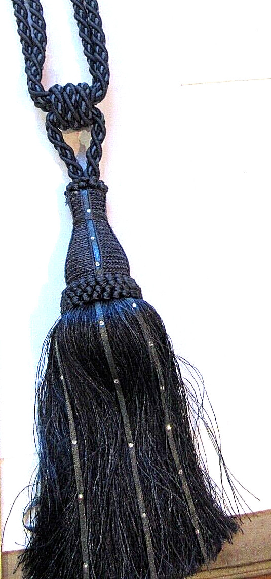 1 BLUE Satin Ribbon Sparkle Curtain Drapery 12” Tassel Cord Tie Back 28” length