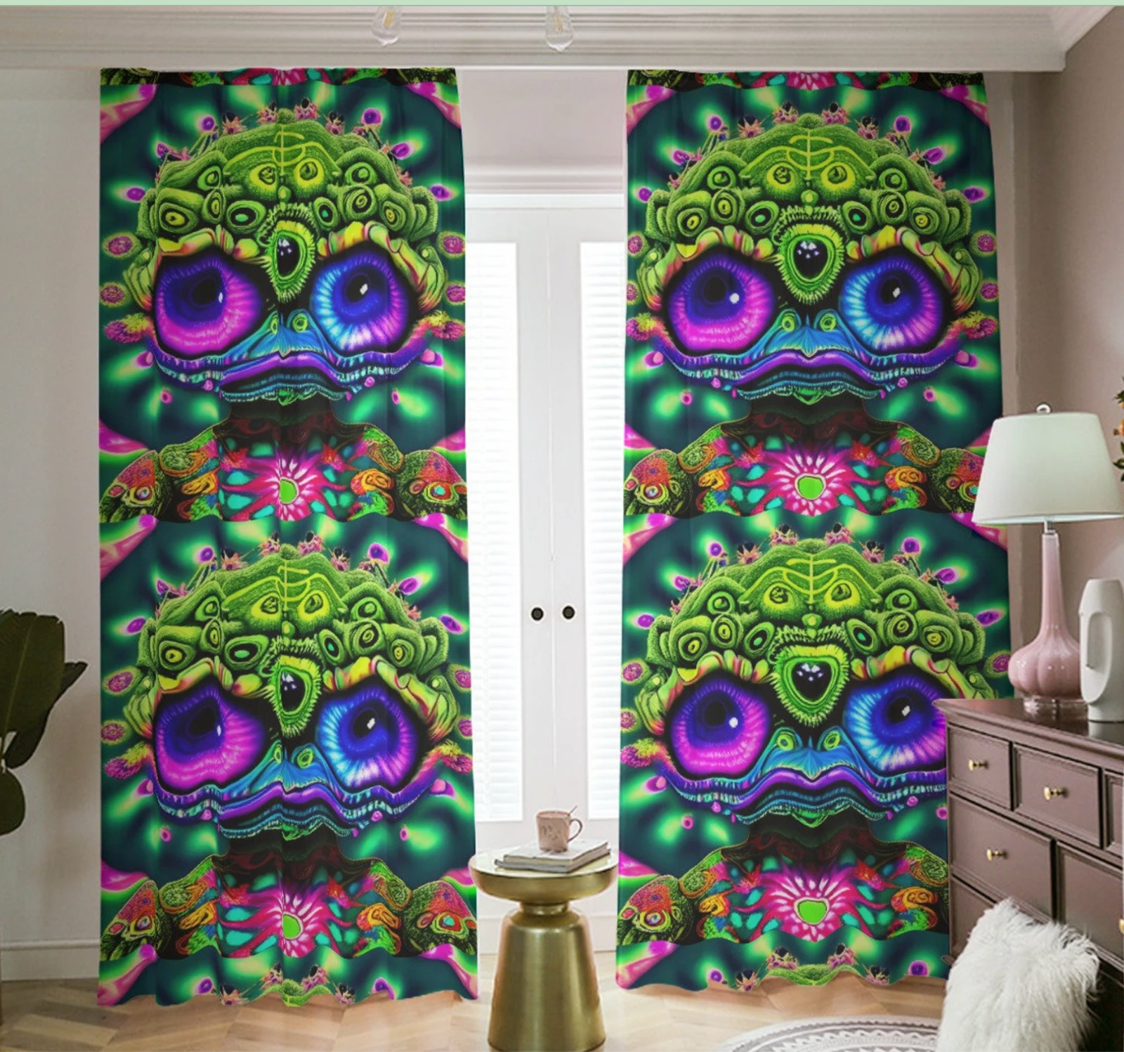 Cute Alien Cartoon Blackout Curtains Kids Room Darkening Cooling Martian Green