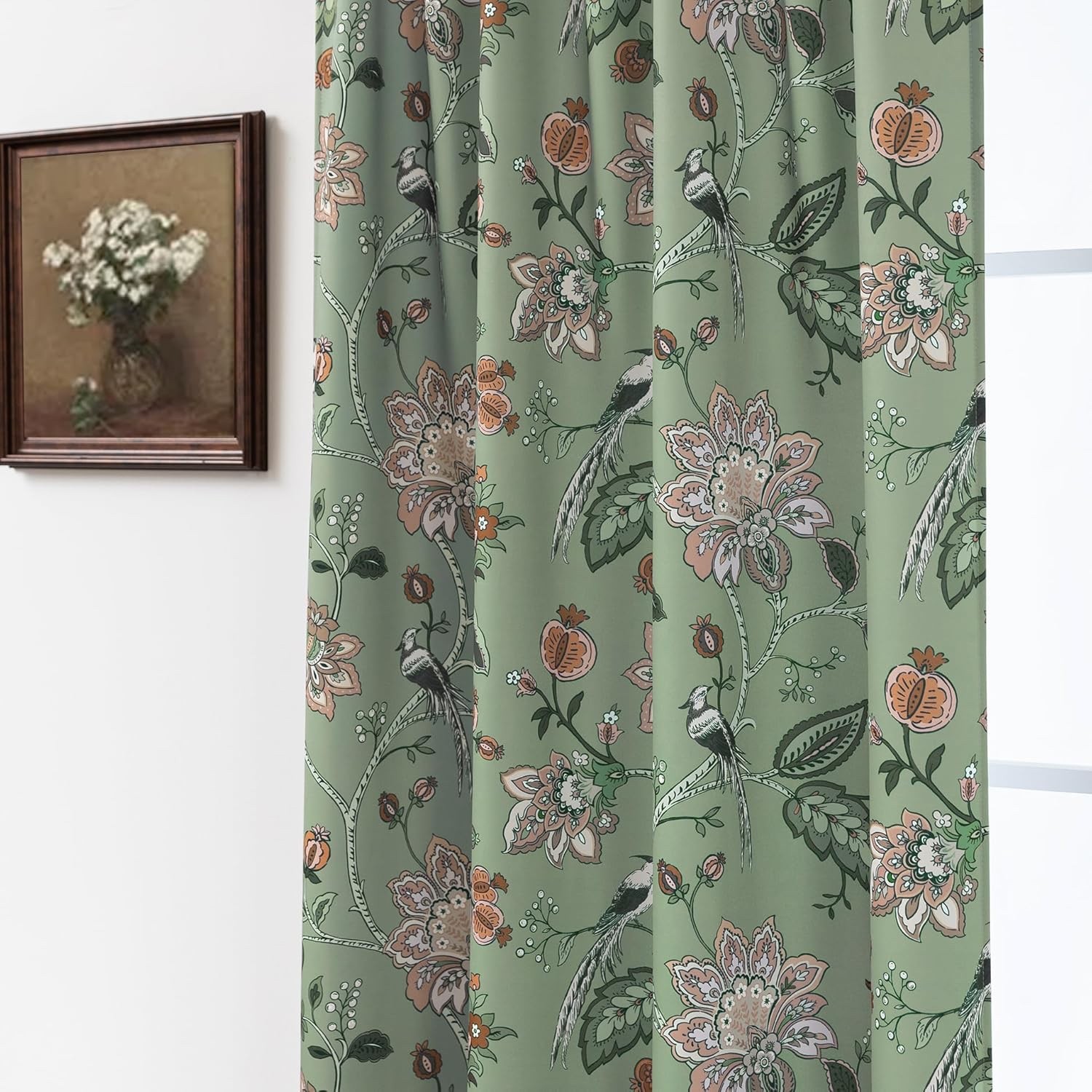 Sage Green Floral Printed Curtains,Vintage Cottage Core Light Pink Flower Leaf P