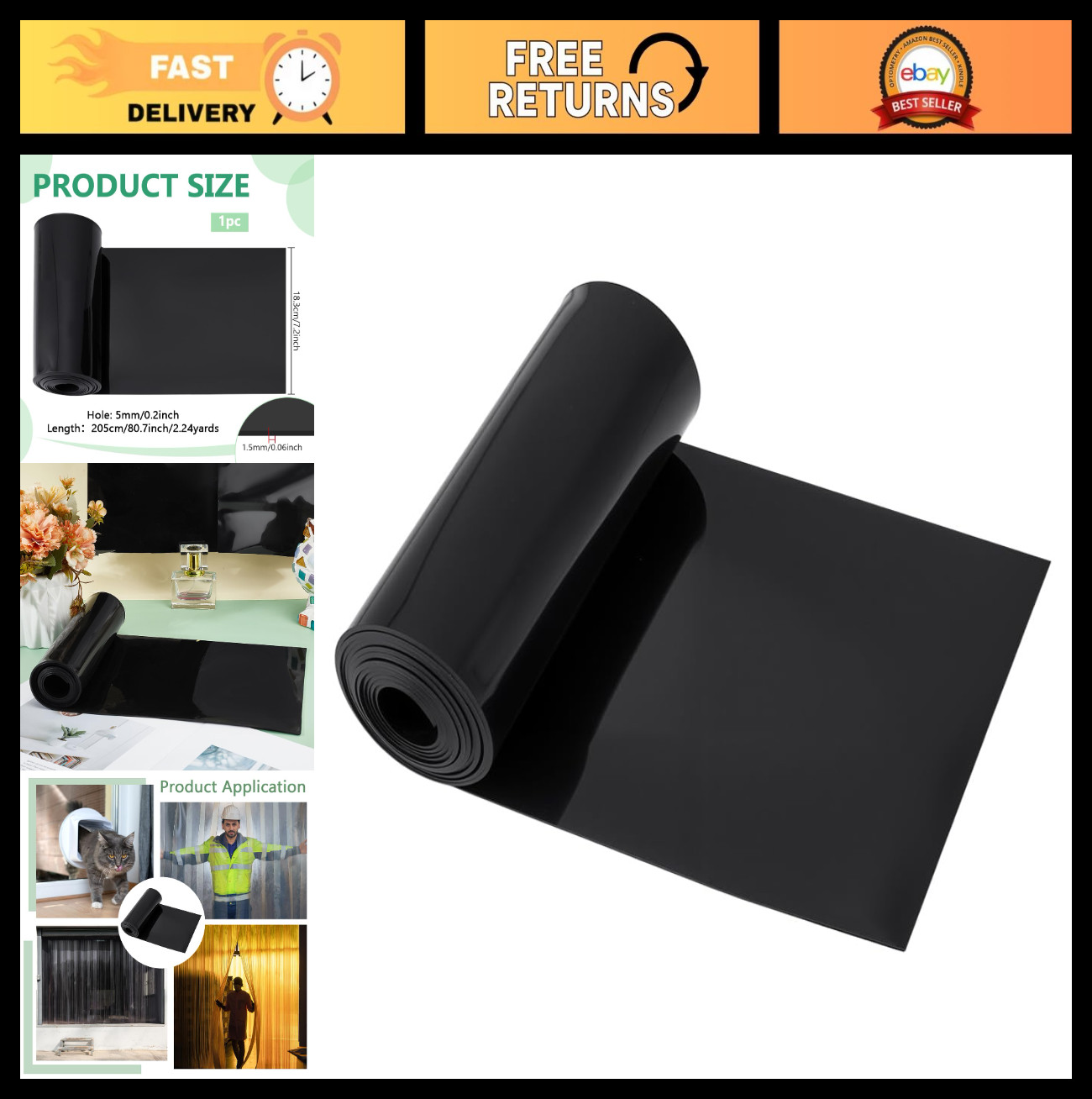 Black PVC Strip Curtains 6.73ft Waterproof Door Curtain for Basement & Pet House