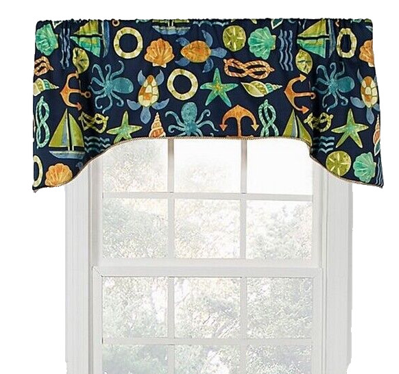 Sea Point Arch Valance Navy Rope Cord Trim Nautical Print Summer Beach House
