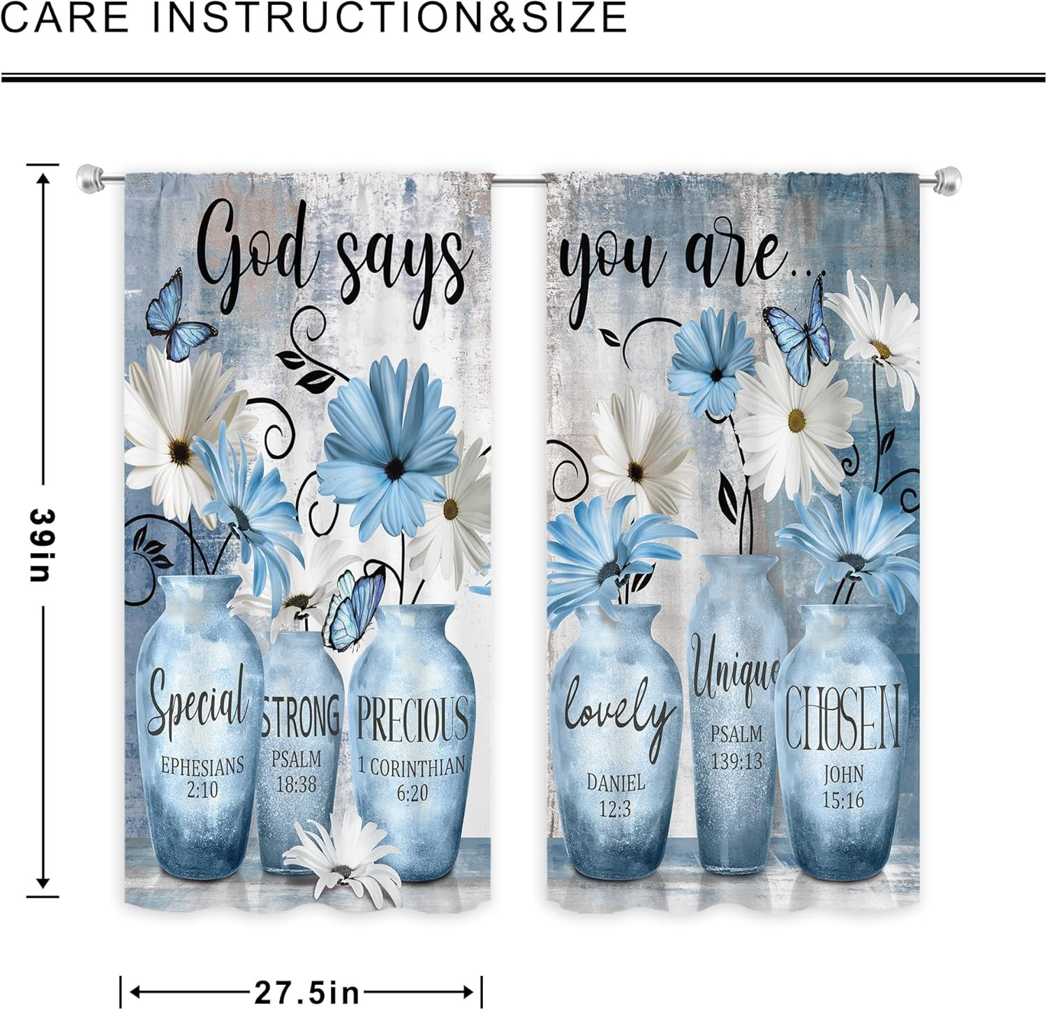 Farmhouse Teal Kitchen Curtains 27.5Wx39H Inch Rod Pocket Blue Flower Watercolor