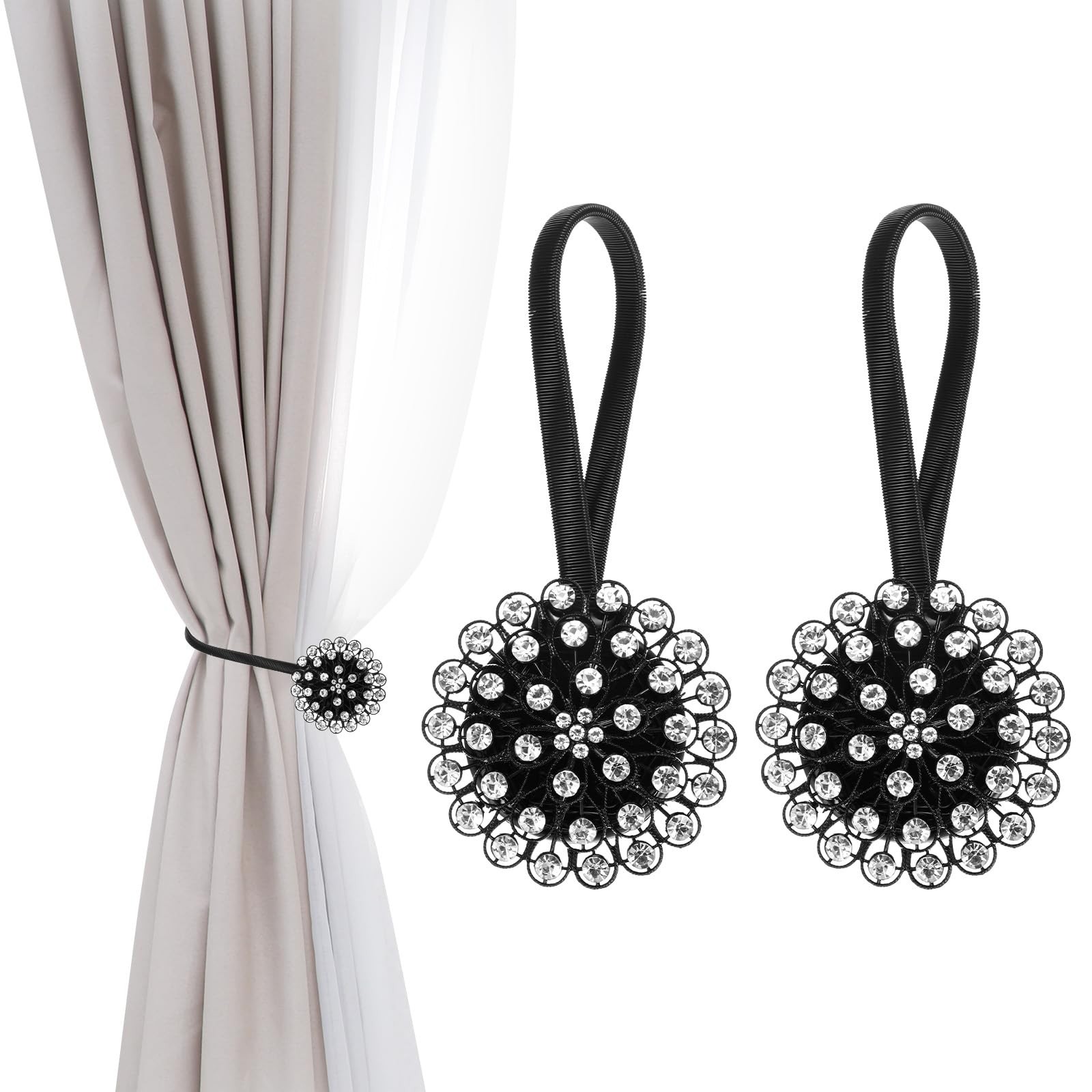 PATIKIL Magnetic Curtain Tie Backs, 2 Pack Sparkling Crystal Flower Black