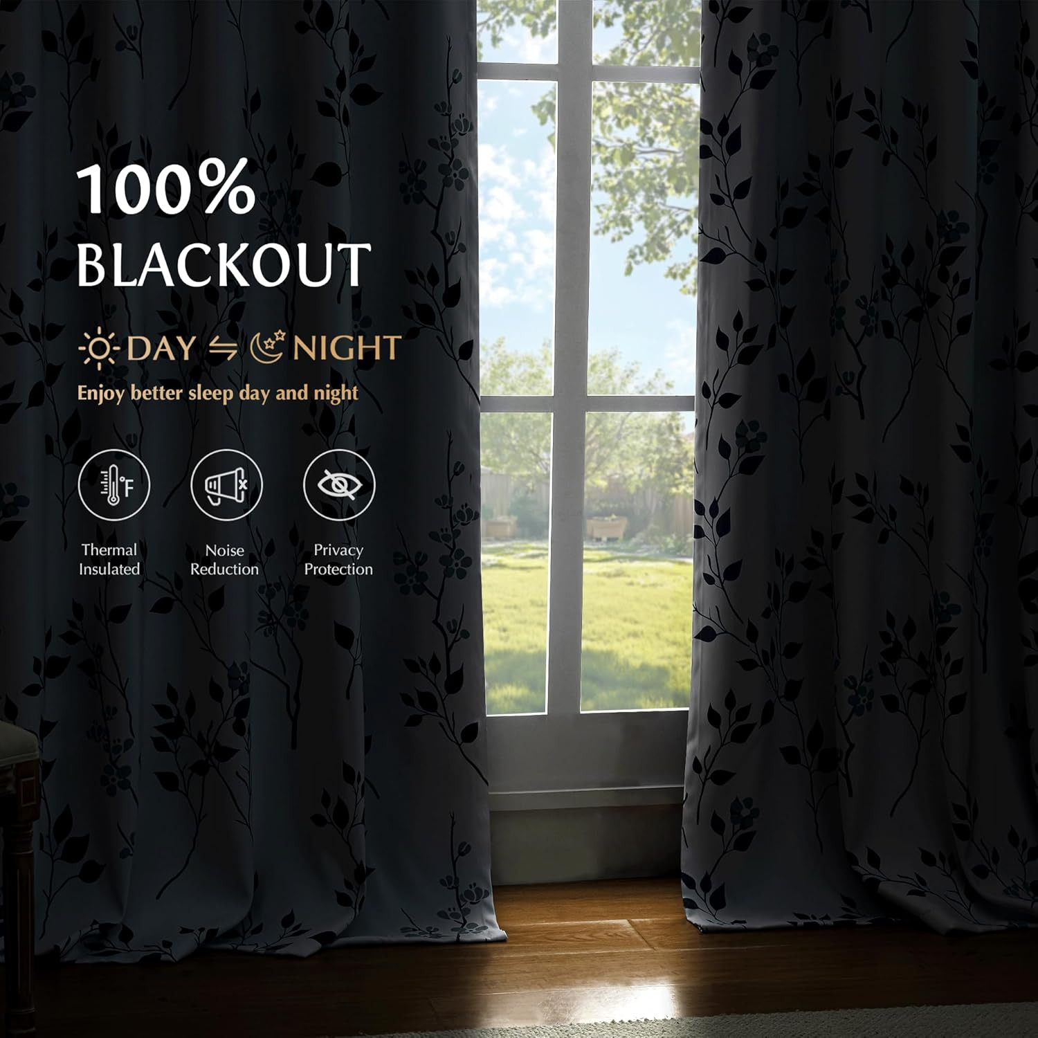 Beauoop Floral 100% Blackout Curtains 90 Inch Length 2 Panels for Bedroom Living