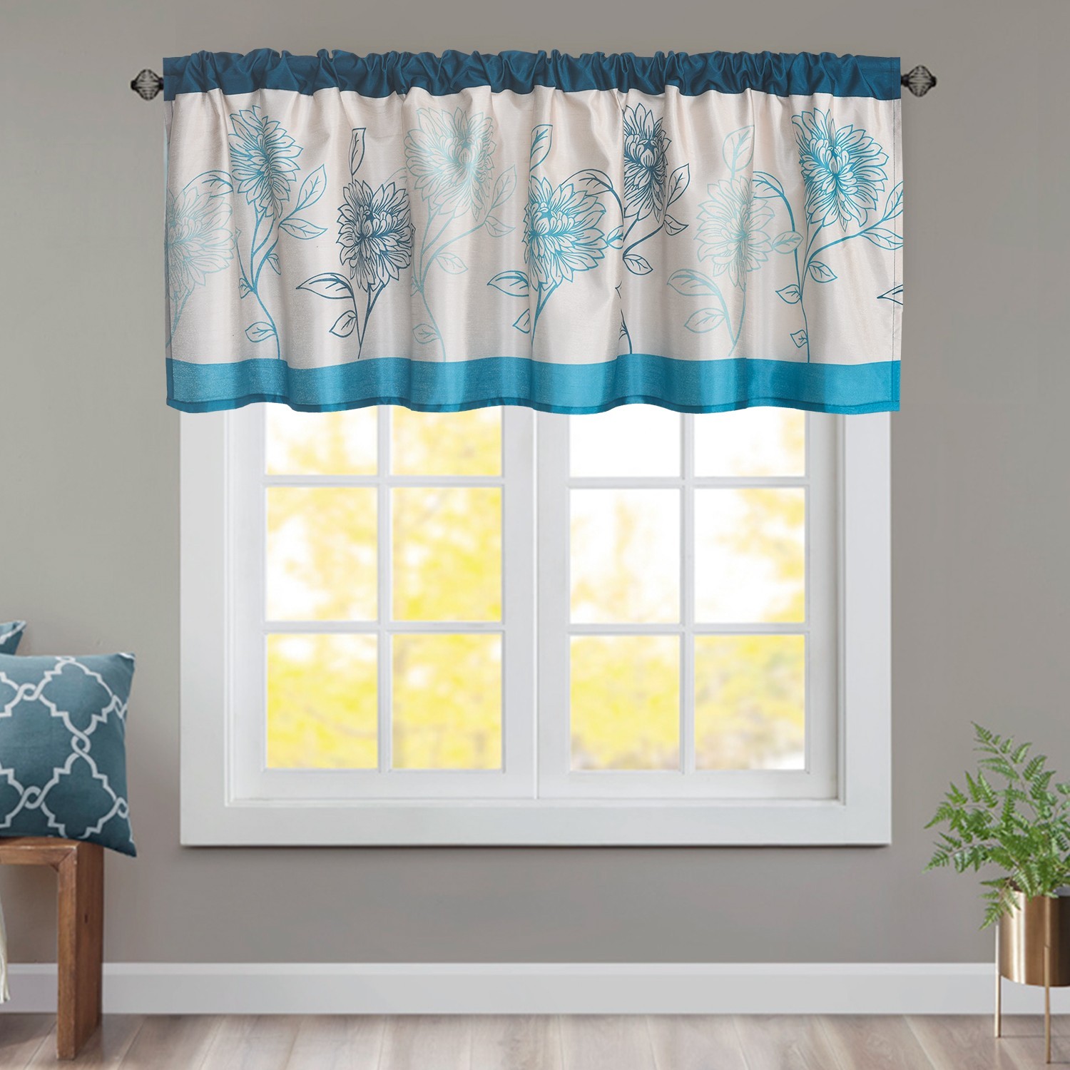 2 Panels Rod Pocket Kitchen Curtain Floral Pattern Valance Drape, Blue, 52×18 in