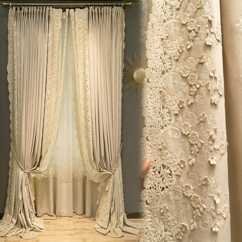 Upscale French embroidered flannelette velvet beige cloth curtain drape C1402*