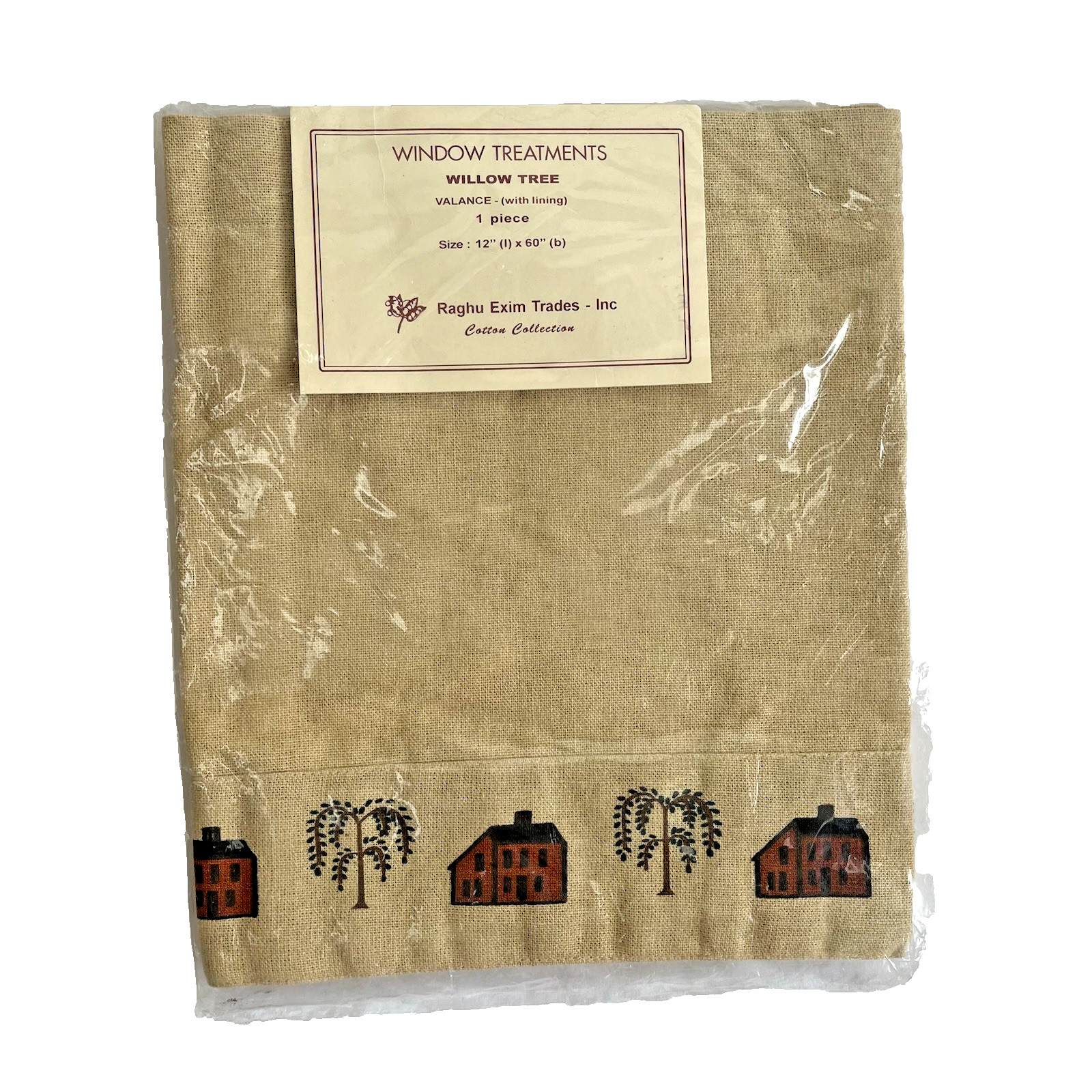 Raghu~Tan with Willow Trees &Saltbox Houses~Lined~Cotton~(1) VALANCE 12″L X 60″W