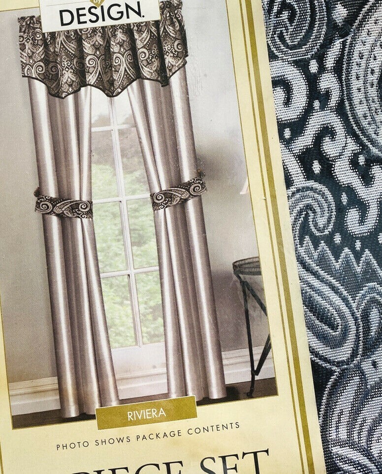 Interiors Design NIP New 5 Pc Set Window Treatment Curtains Drapes Gray Black