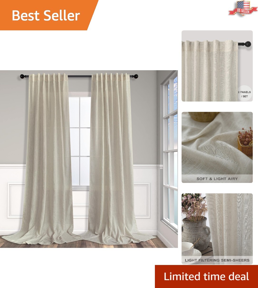 Neutral Linen Shade Drapes 52×86 for Light-Filled Living Spaces – 2 Panels