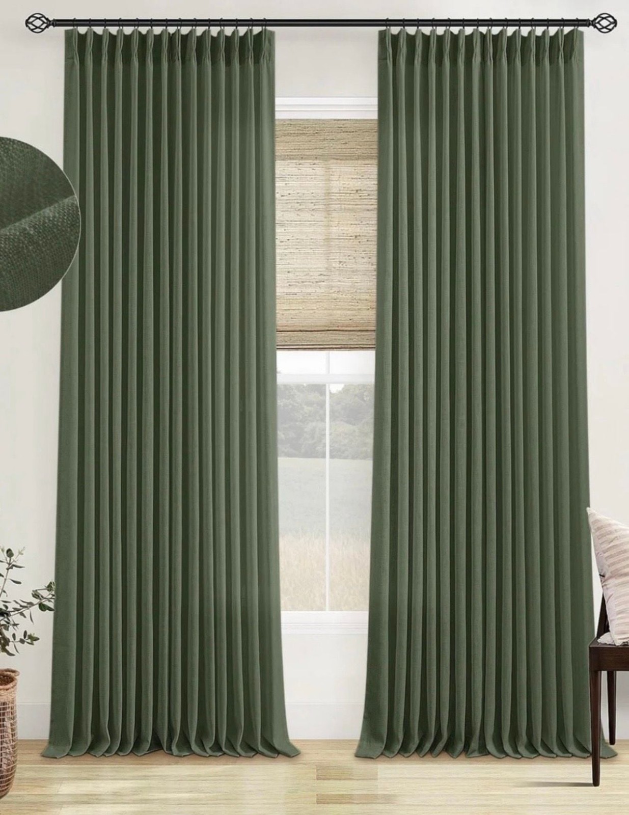 TwoDrapes Pinch Pleated Memory Trained Linen Curtains, Olive Green 102”x40”