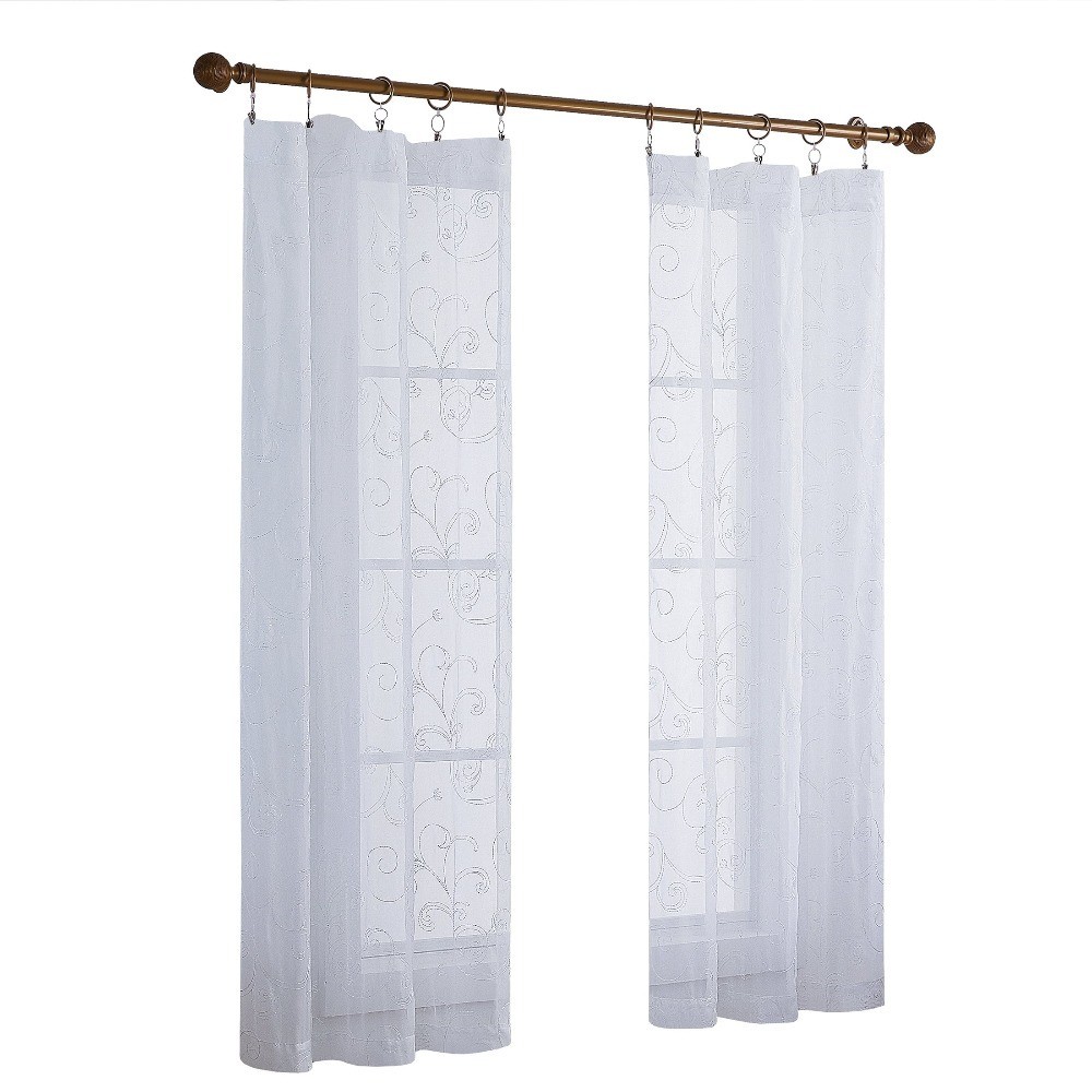 Sheer Embroidered White Single Curtain Panel with Scroll Rod Pocket 38 x 63