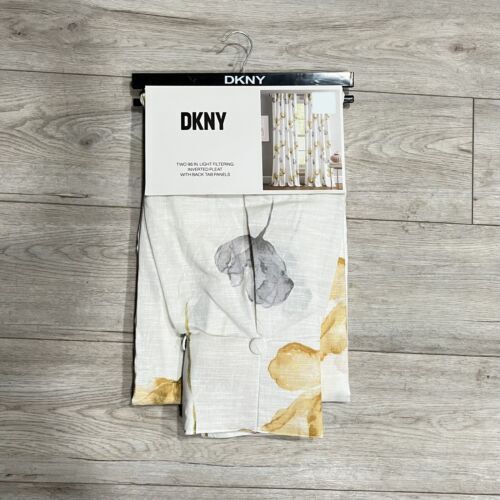 DKNY 32 x 96 City Bloom Inverted Pleat Cotton White Yellow Gray Flowers Curtains