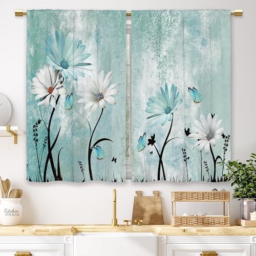 Farmhouse Flower Kitchen Curtains Teal 27.5″W x 39″L (Pack of 2) 04_teal_daisy