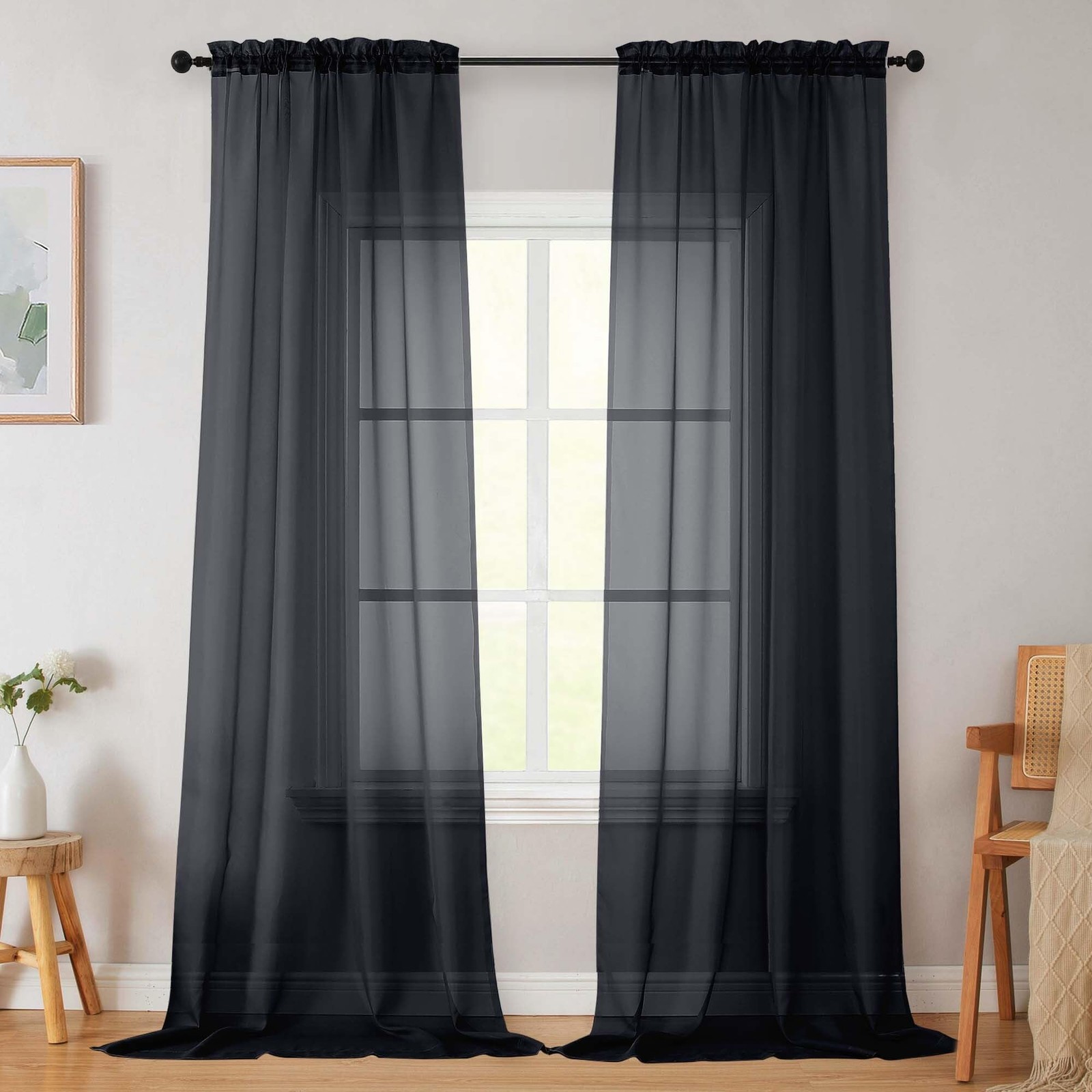 Black Sheer Curtains 96 Inches Long Lightweight Rod Pocket Drapes, 2 Panels