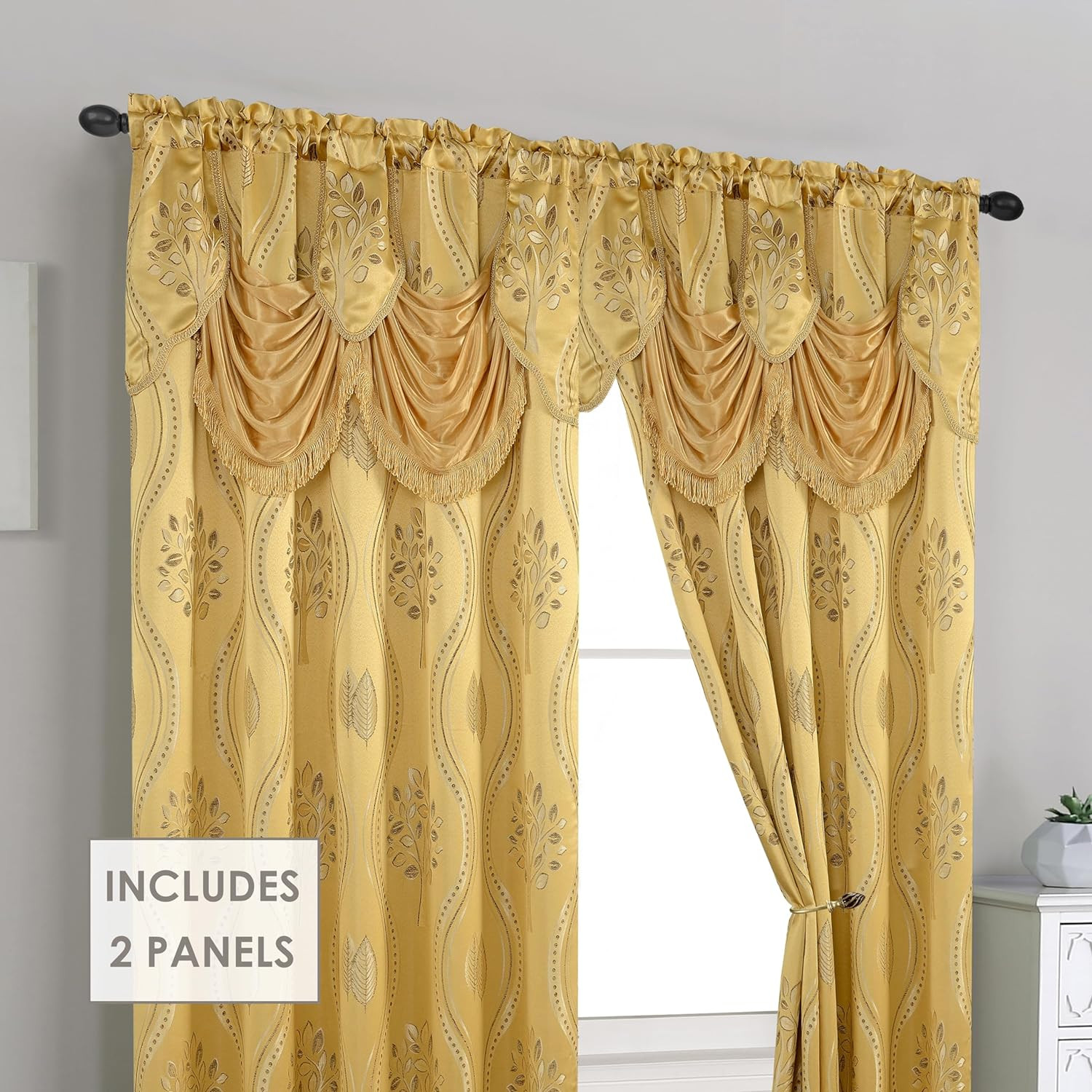 Aurora Jacquard Look Curtain Panel Set with Attached Valance 54″ X 84 Inch (Set