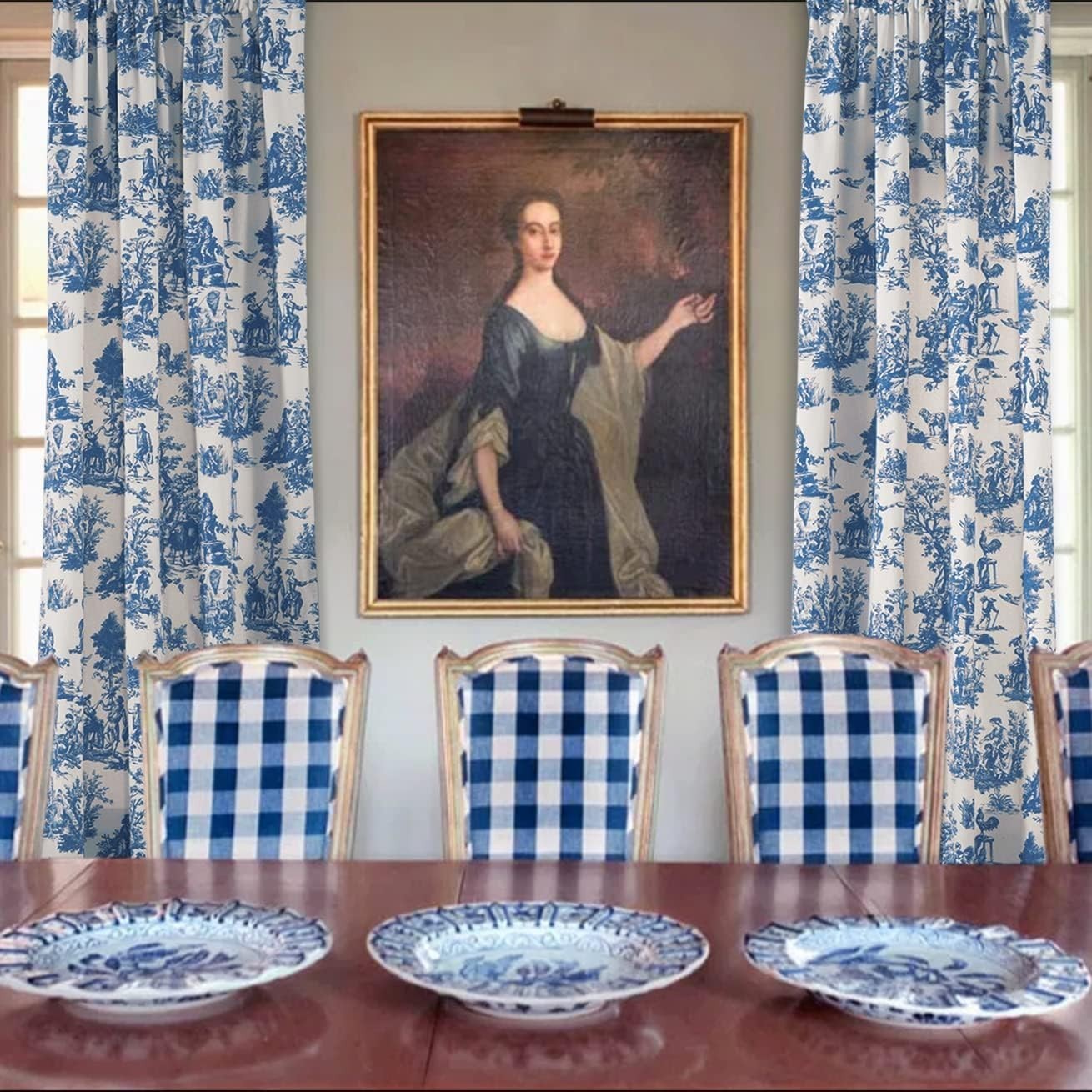 Blue & White Curtains 96″ Long 2 Panels Living Room Window Drapes Moderate Black