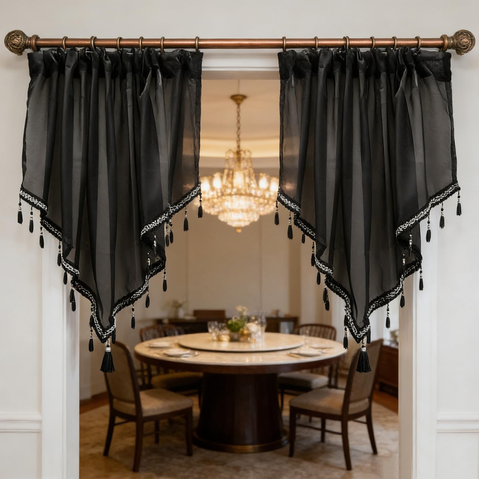 3 Pieces Black Beaded Sheer Valance with Rod Pocket Scalloped Window Curtains…