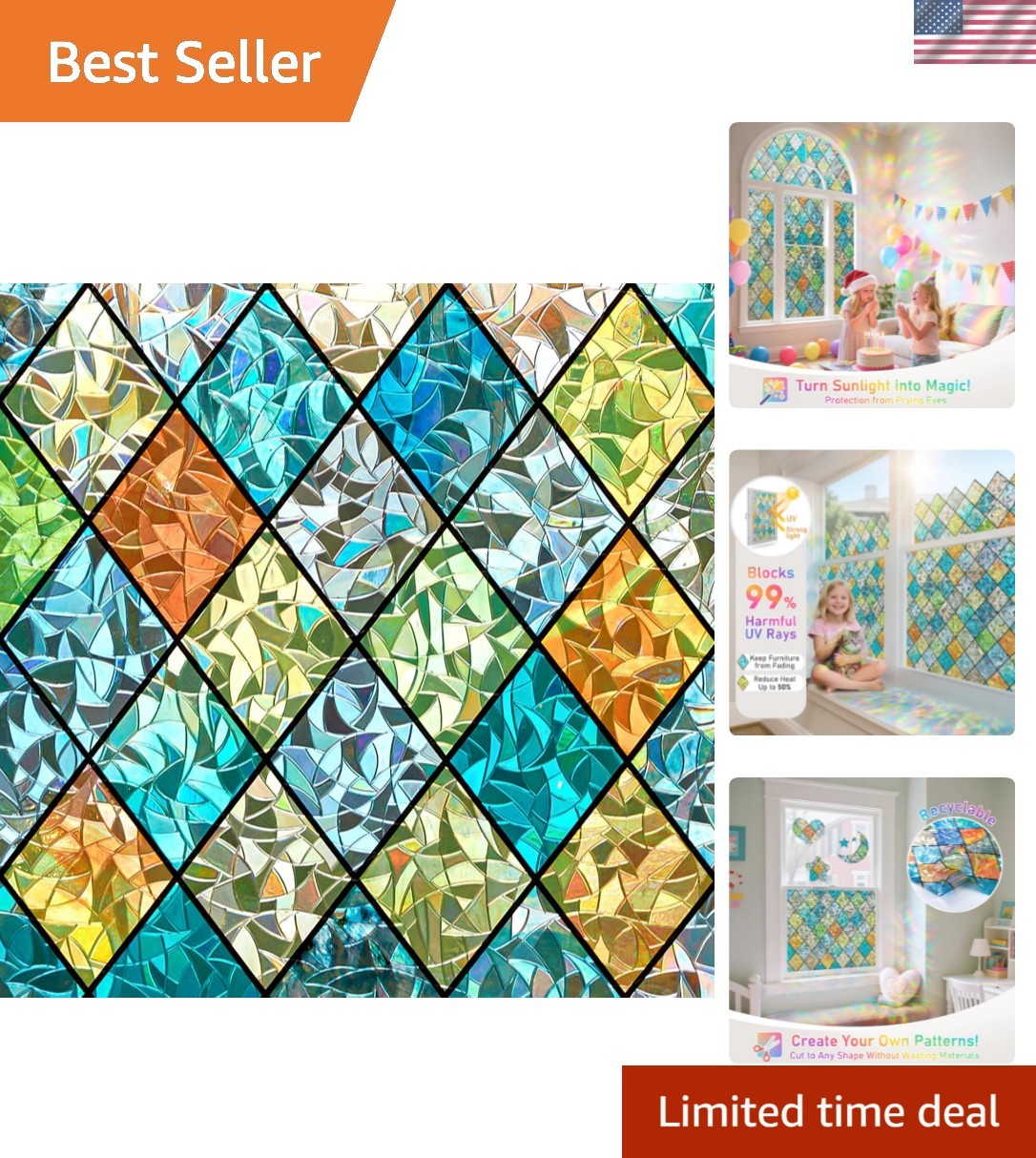 Window Privacy Film Stained Glass Decorative Rainbow Window Cling 3D Static C…
