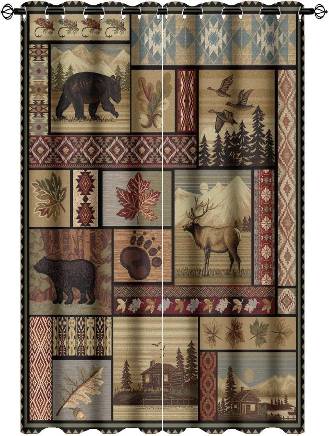 Vintage Deer Bear Farmhouse Blackout Curtains – Retro Cabin Lake Country Lodge M