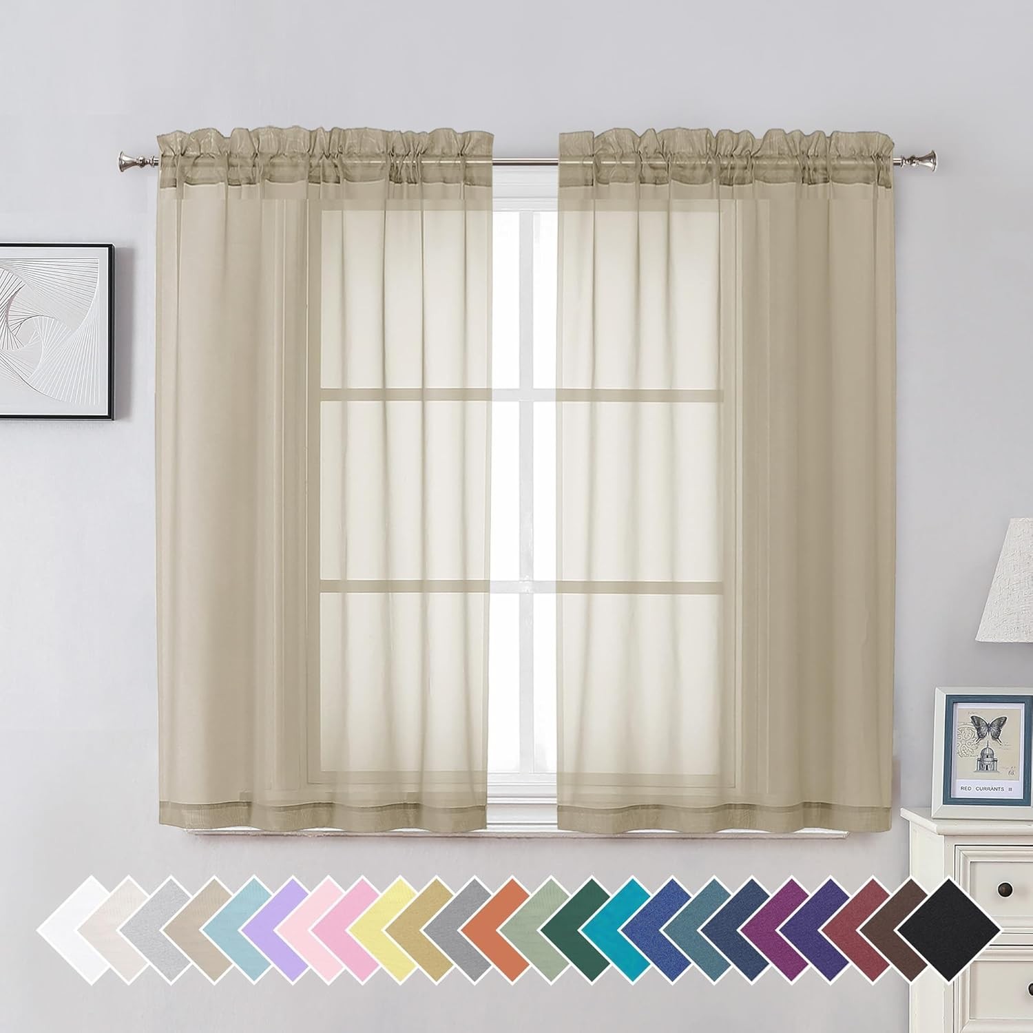 Taupe Sheer Curtains 45 Inches Long 2 Panels Set Semi Transparent Voile Rod