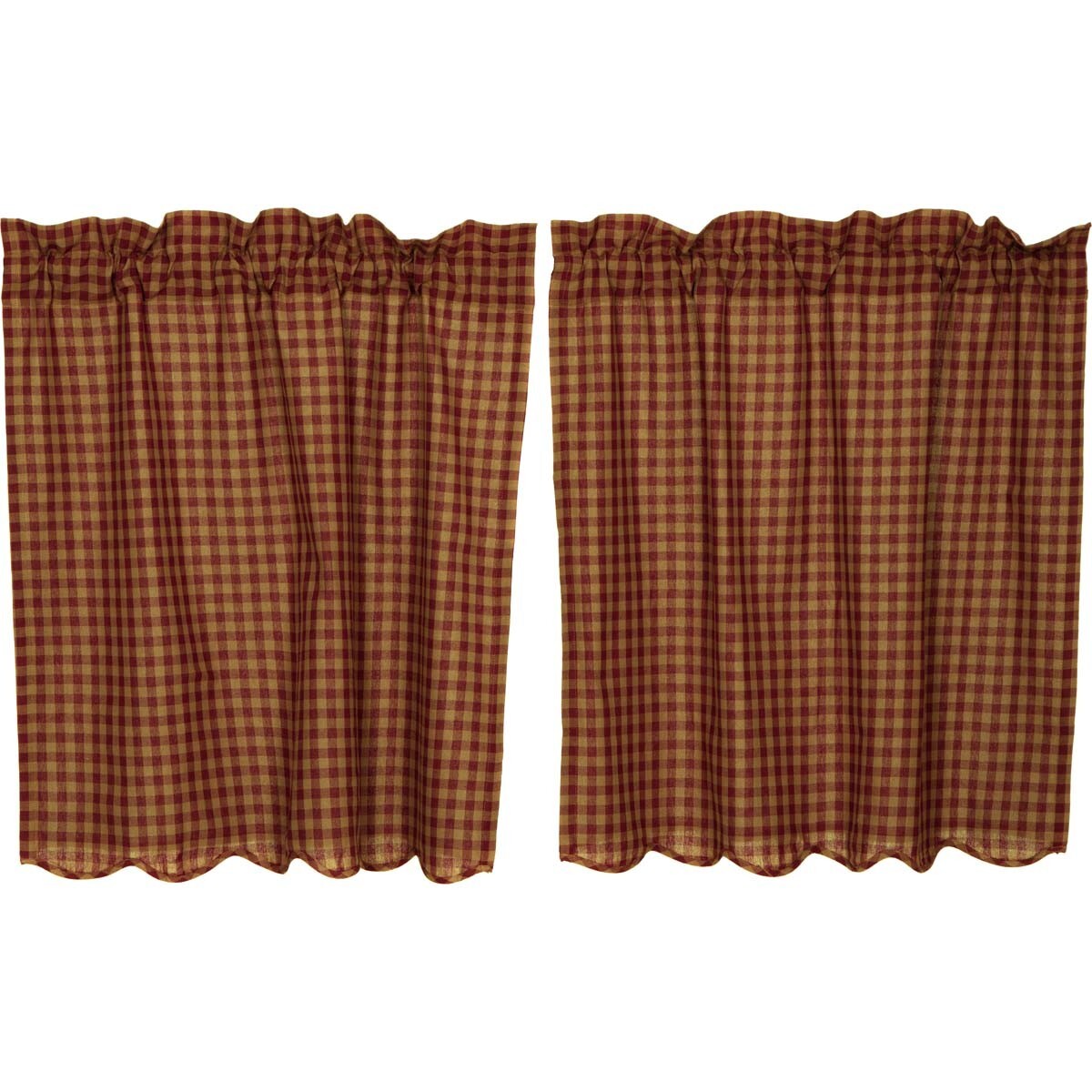 Burgundy Check Scalloped TIER SET 36″L Country Farmhouse 100% Cotton VHC Brands