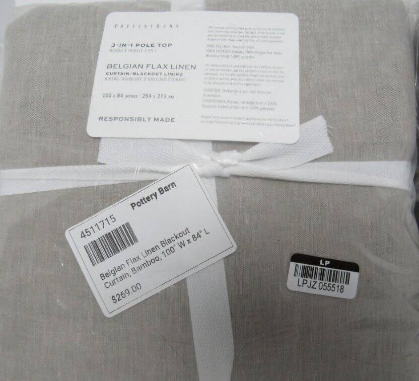Pottery Barn Belgian Flax Linen Curtains Set of 2, 100″ X 84″ Bamboo NWT