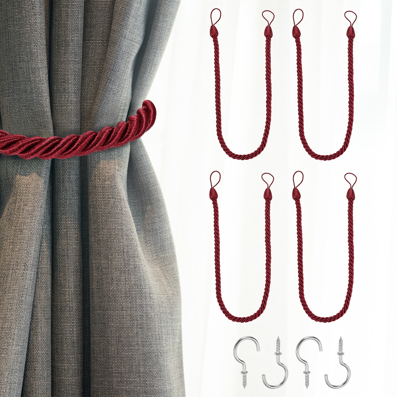 4Pack Curtain Tiebacks, 74cm/29″ Braided Drapery Holdback with Hook, Red