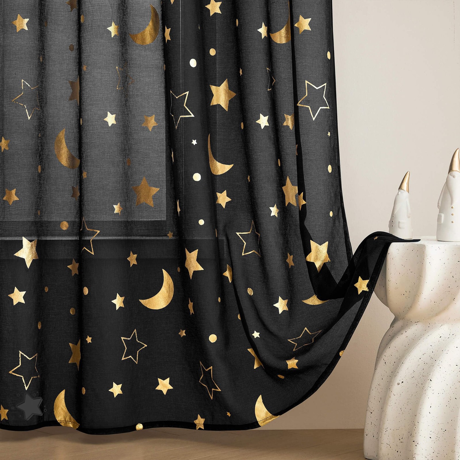 Halloween Black Sheer Curtains with Star for Living Room 84 Inches Long，Gold …