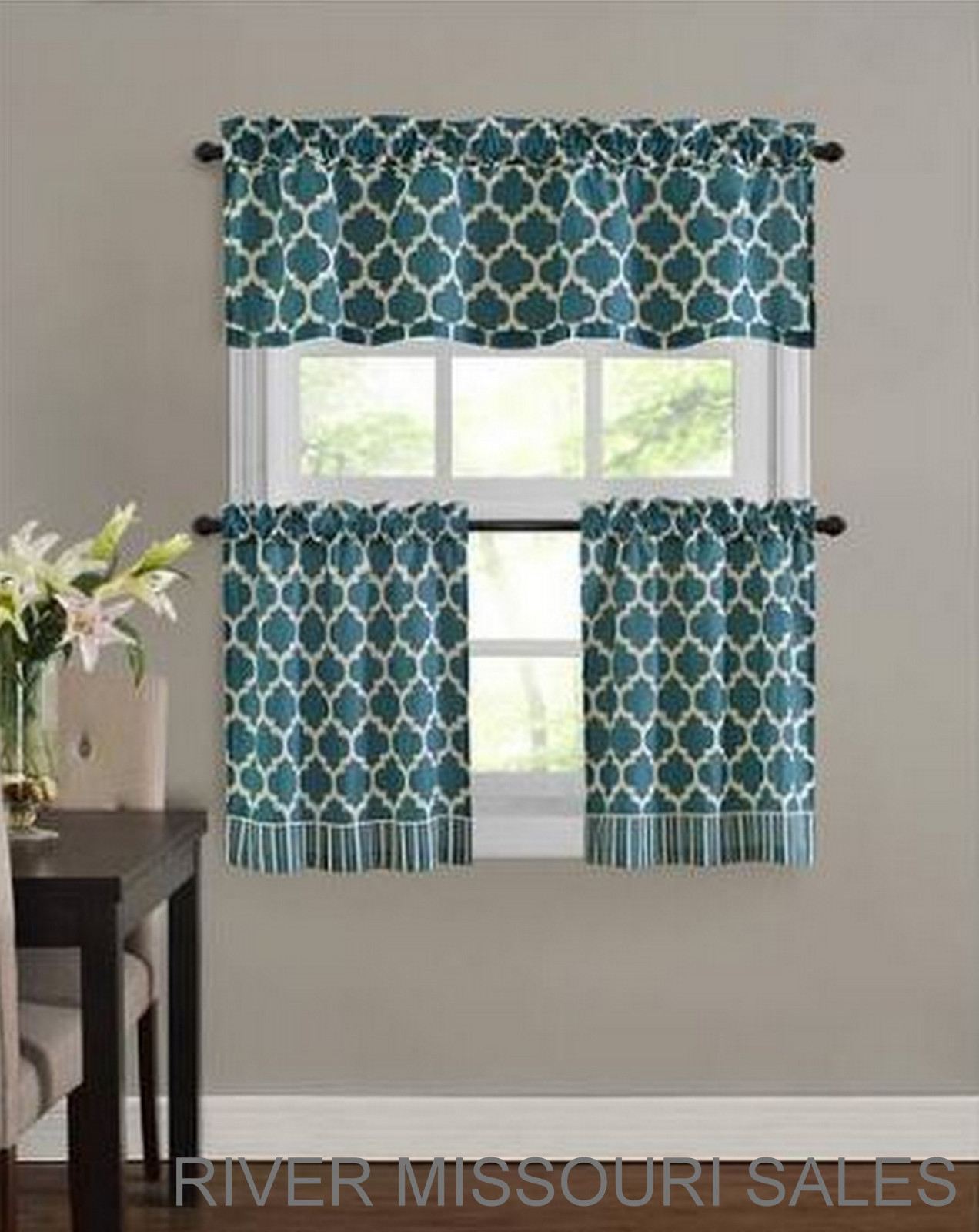 Teal Fretwork 3 Piece Valance & Tiers Cafe Curtain Set, Geometric Modern – NEW