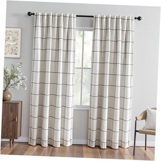 100%out Plaid Farmhouse Linen Curtains 84 Inch 52″W x 84″L (Pack of 1) Black