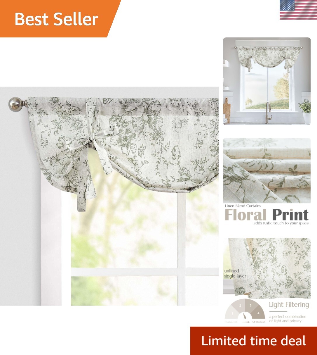 Light Filtering Floral Linen Valance – Elegant Sage Green Window Treatment 24″