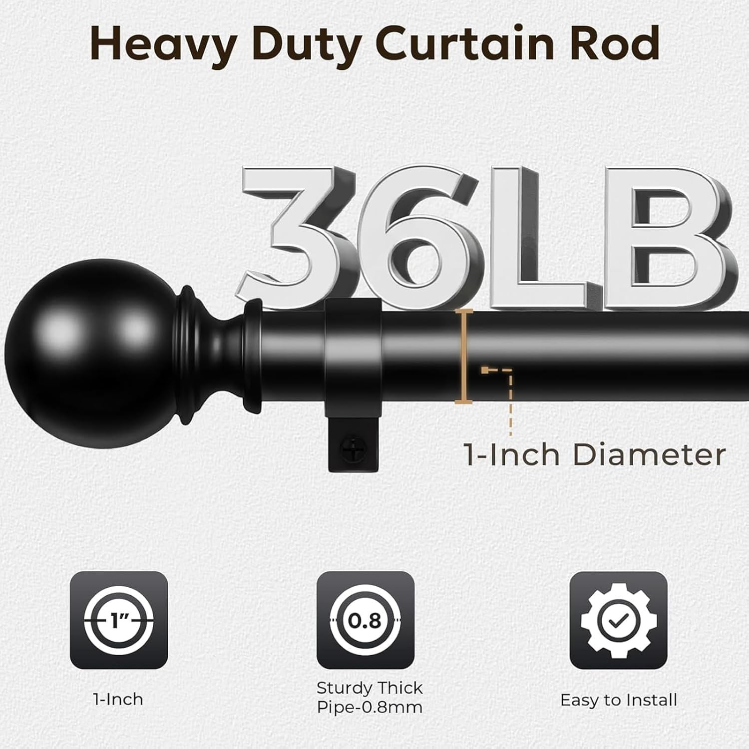 Curtain Rods for Windows 66 to 120, 1 Inch Adjustable Heavy Duty Black Curtain R