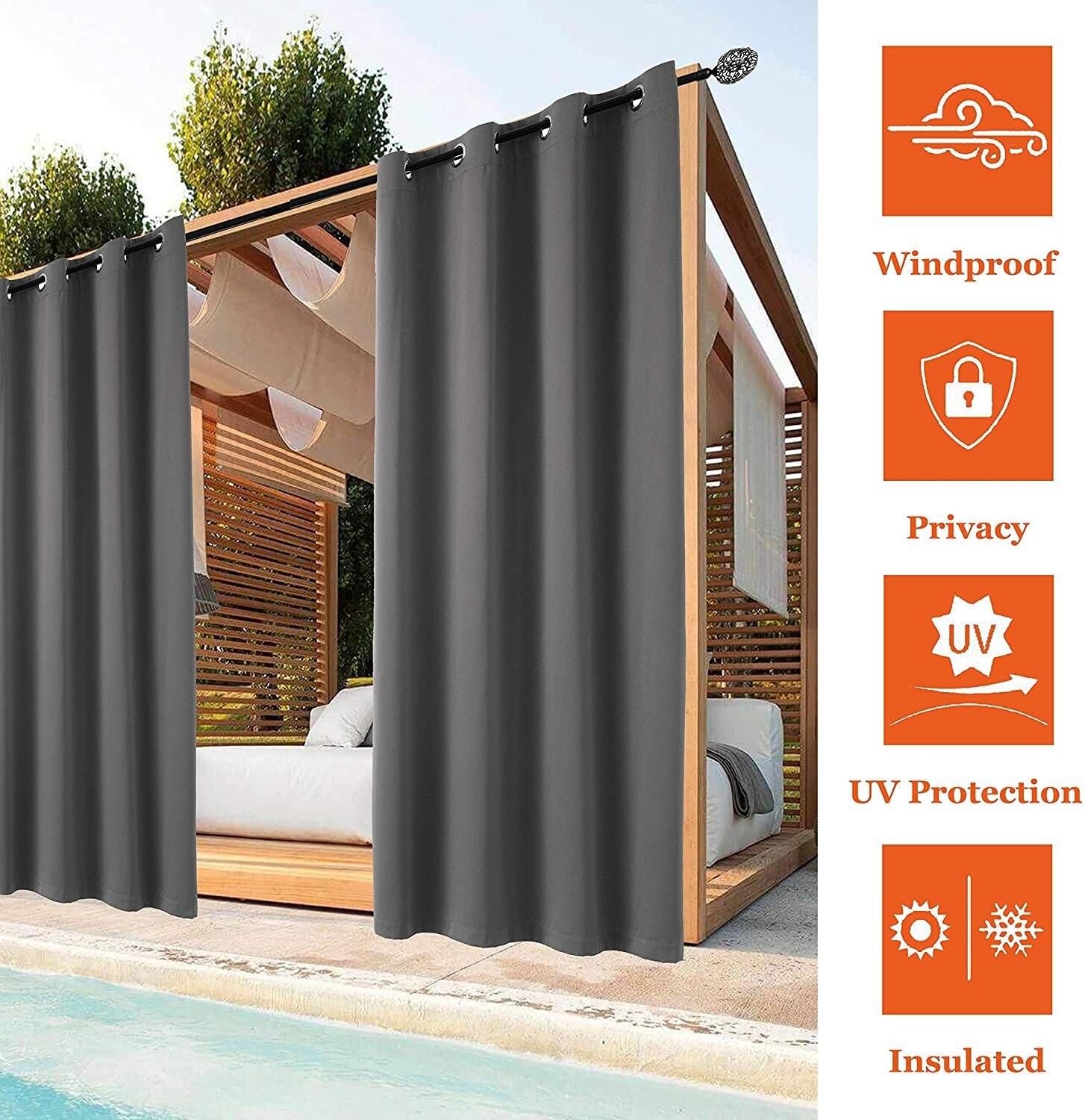 84×100 inch Wide Patio Curtain Outdoor Blackout Drapes Waterproof Windproof Grey