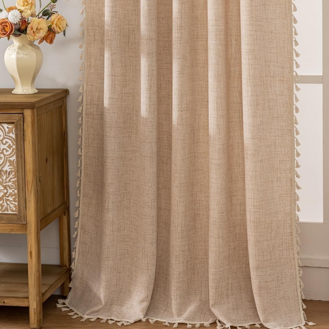 Boho Curtains 84 In Long Bohemia Linen Curtains for Bedroom Living Room Beige