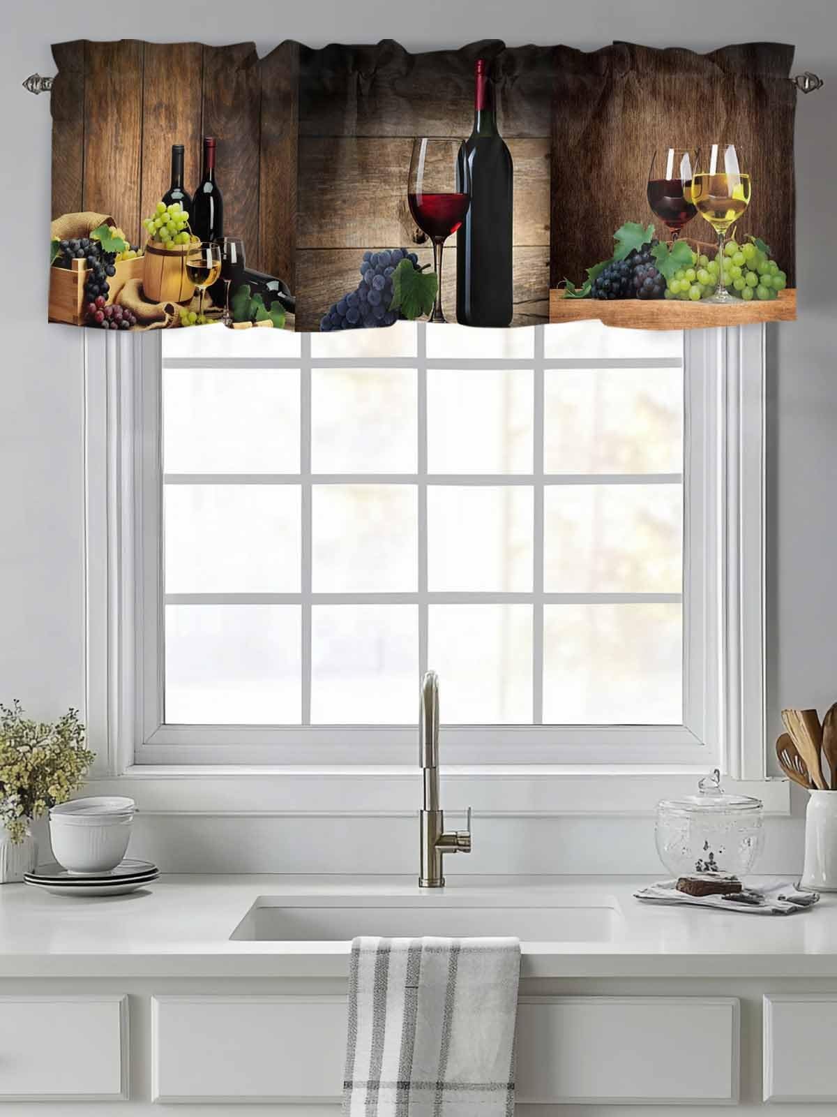 Farm Valance for Windows, Red Wine Grapes Wine Barrel Valances Curtain Rod Po…
