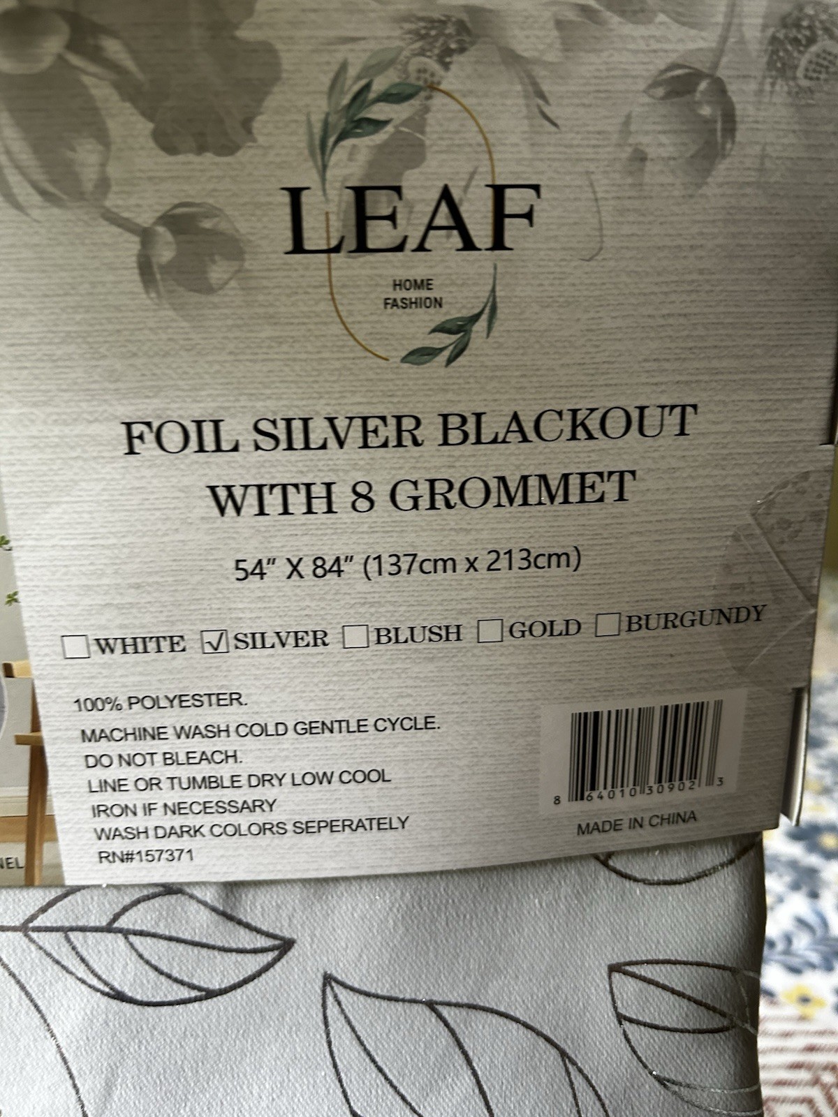Silver Blackout Curtain Panel 54” x 84” Leaf Pattern Grommet Top – 2 Panels