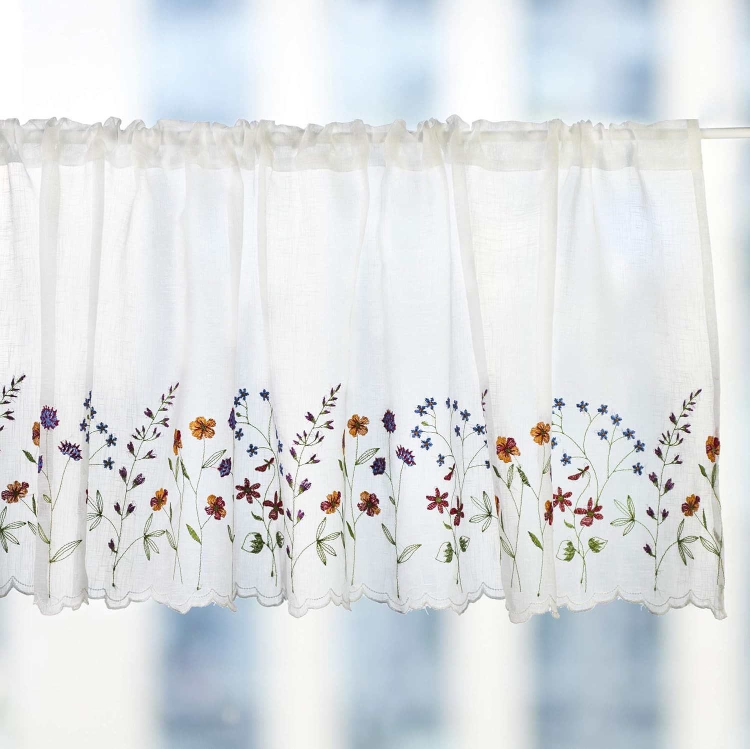 027 Floral Embroidery Pastoral Style Valance, White Sheer Flowers Valances,Windo