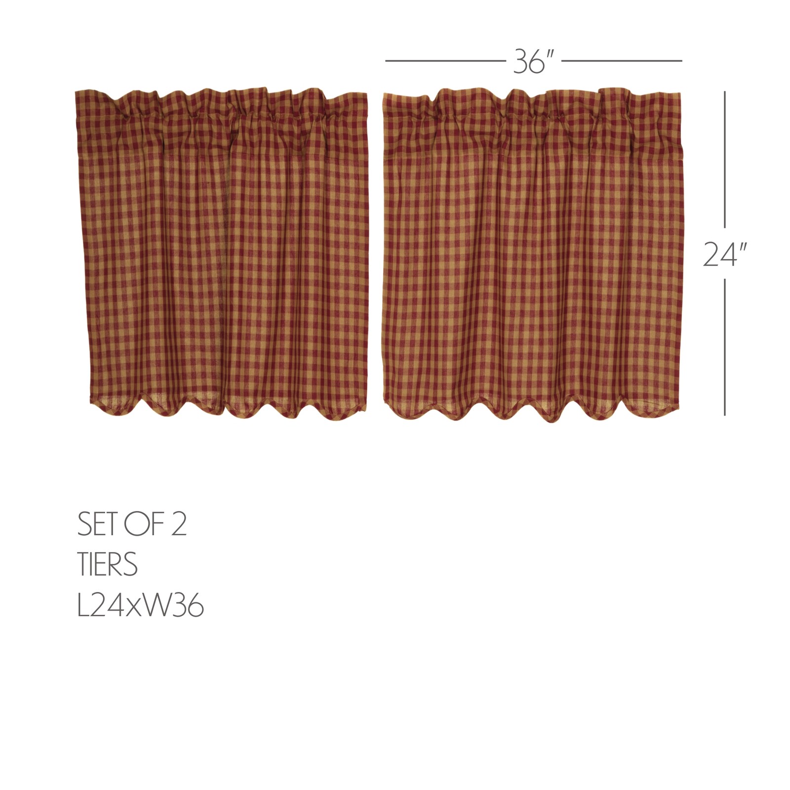 Burgundy Check Burgundy Curtain Set (1 Valance 16×72 ; 2 Tier 24×36) VHC Brands