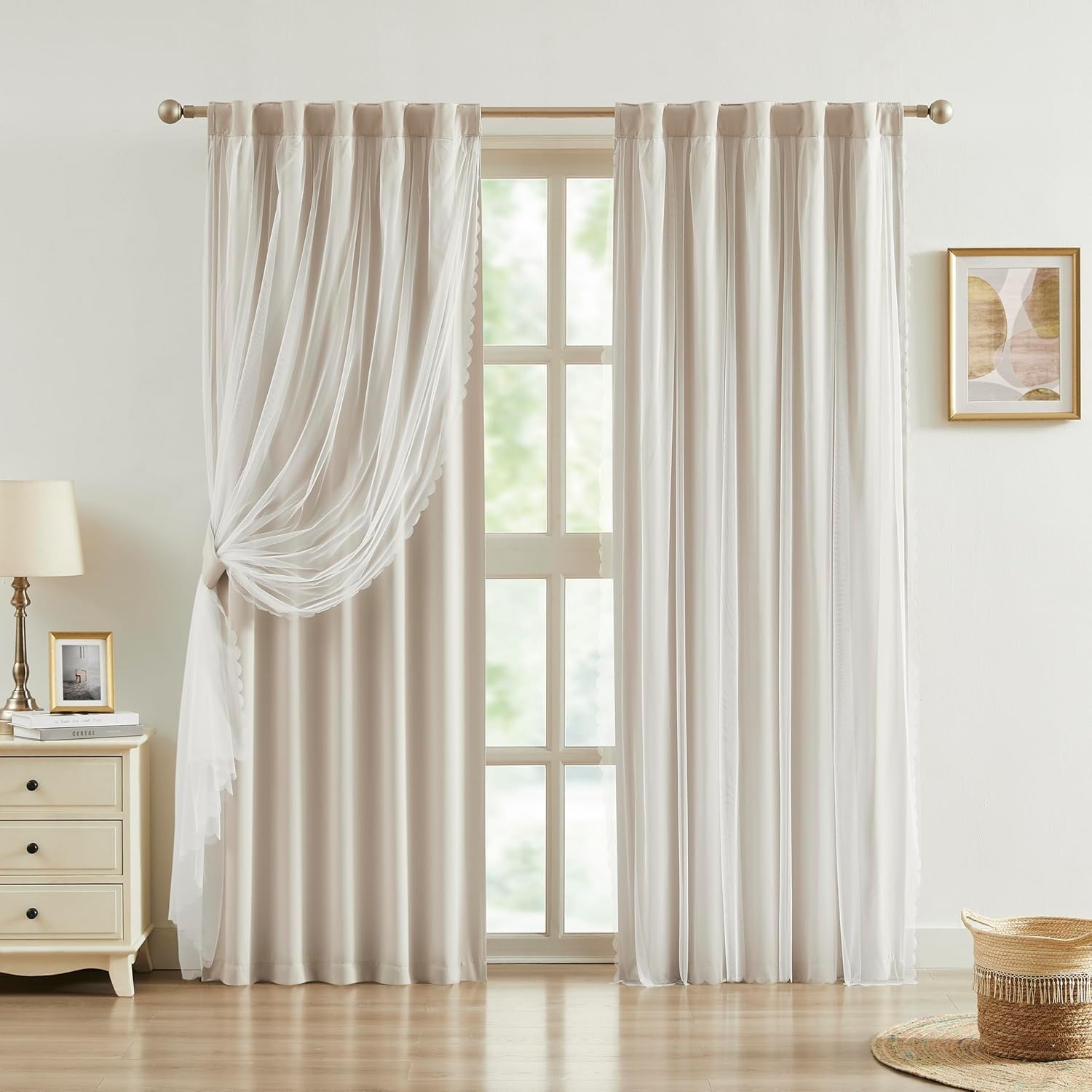 Beige 80% Blackout Curtains with Sheer Overlay Mix and Match Double Layer