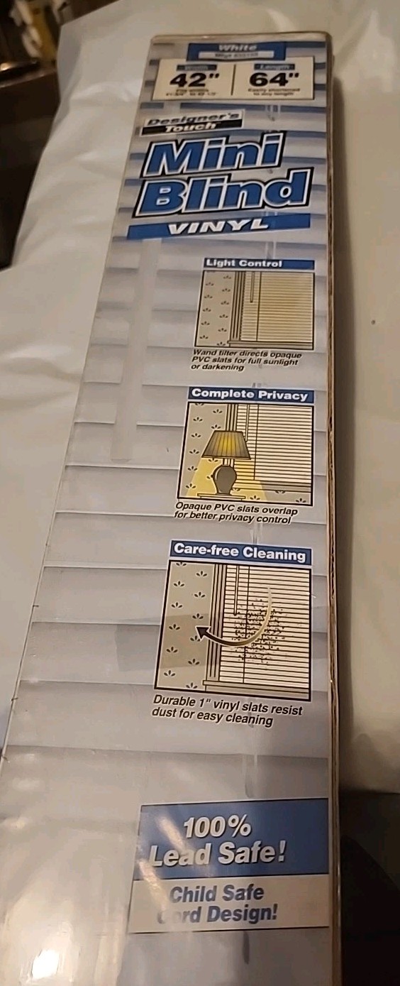 Designer’s Touch White Corded Vinyl Mini Blind 42″Width × 64″ Length [New]