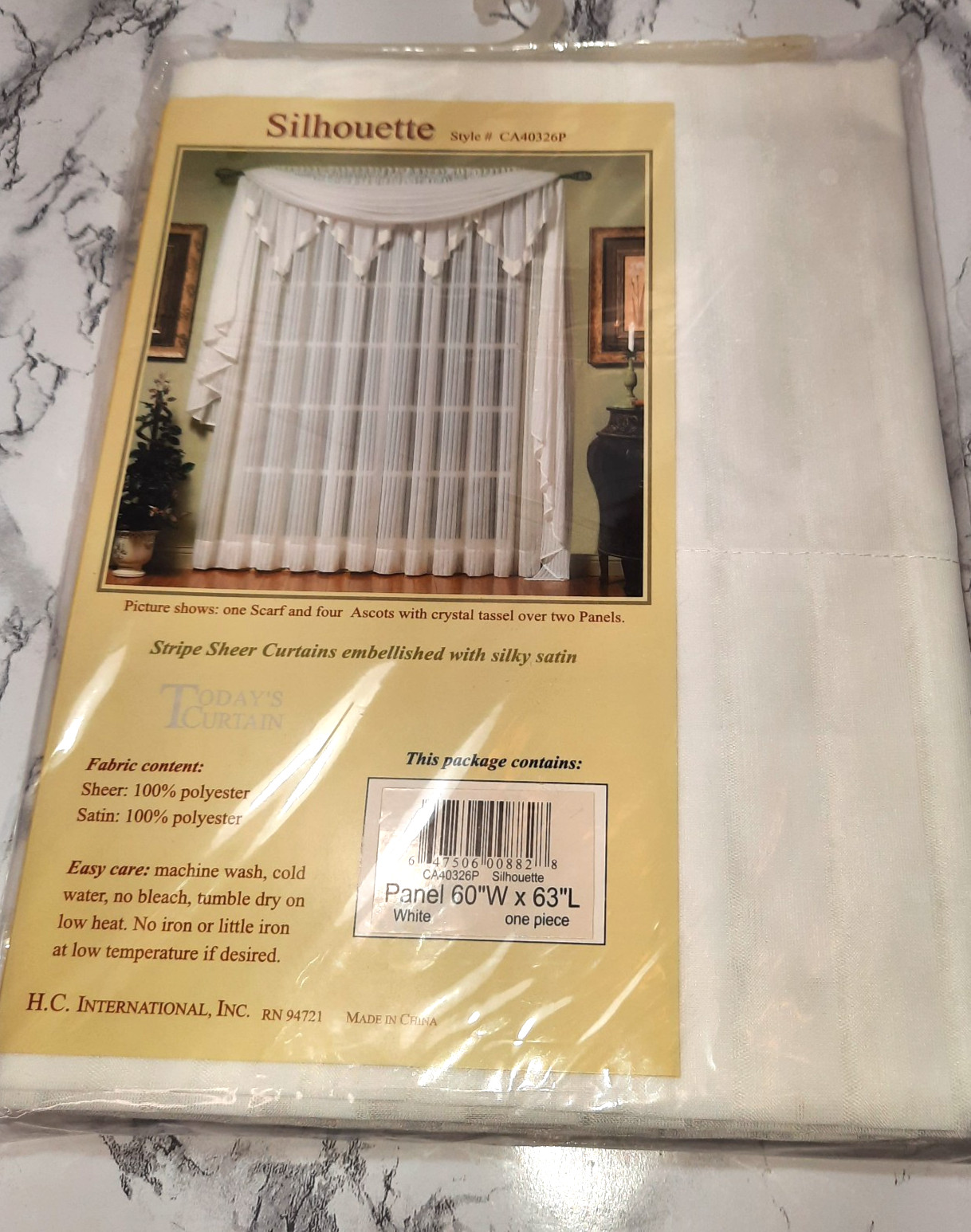 Stripe Sheer White Embellished w/Silky Satin Curtain, One Panel 60″W x 63″L