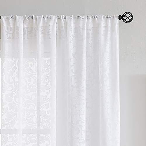 White Sheer Curtains for Windows 63″ Burnout Vintage 54″w x 63″l 2pcs Damask